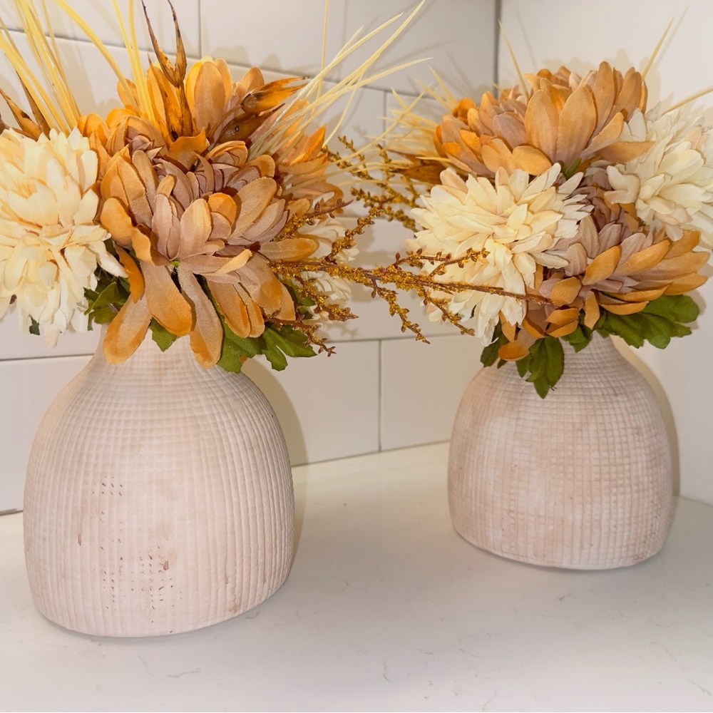 Pair of Rustic Cream and Tan Vase Duo